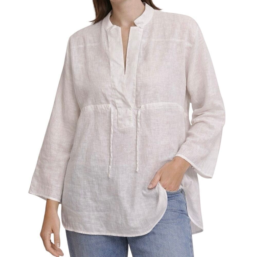 120% Lino Linen Tunic Blouse Long Sleeve Italian Linen White Size Medium